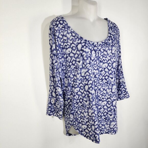 American Eagle Womens Top Size Small Petite Blue White Printed 3/4 Sleeve Hi Low - Picture 4 of 8